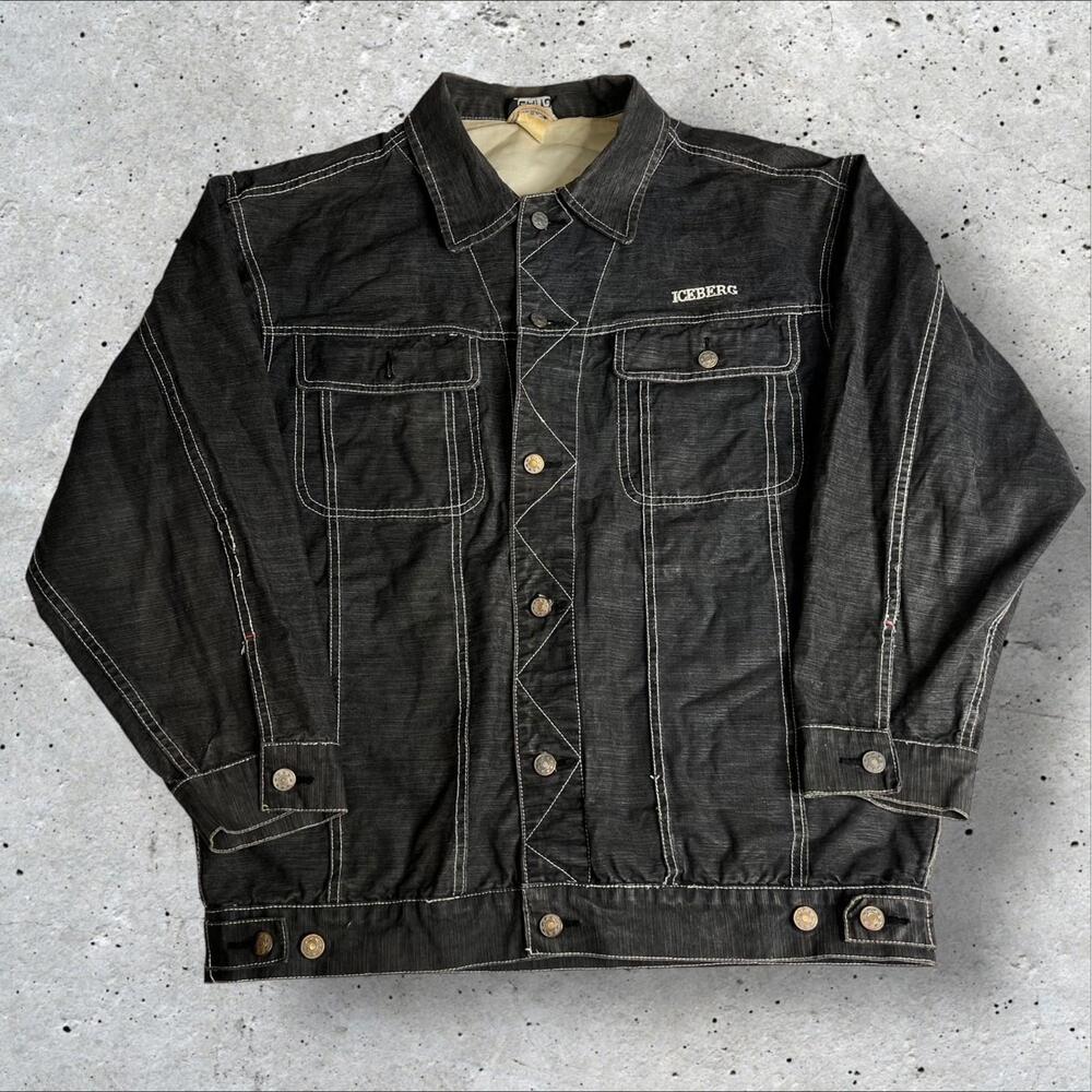 Y2K Iceberg Jeans Jacket Men's Black Denim Jacket Cotton‎ Button Front Size XL